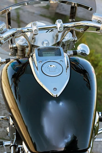 Motorcycle Close Detail Beautiful Powerful Chrome Motorcycle Concept Freedom Travel Stock Photo