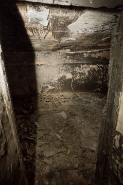 Terk edilmiş bir harabe binada bir antik 18. yy binası mistik iç, kalıntıları. Eski duvarlar, çöp ve çamur ile koridor mahvetti. Kalıp, alçı dekorasyon, kısma yok