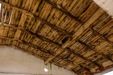 Çiftlik hayvanları için eski endüstriyel binaların kalıntıları ile manzara. İç bir terk edilmiş domuz ahırı yağma ve atık. Ekonominin çöküşü. Seçici odak. Tasarım kriz için arka plan olarak