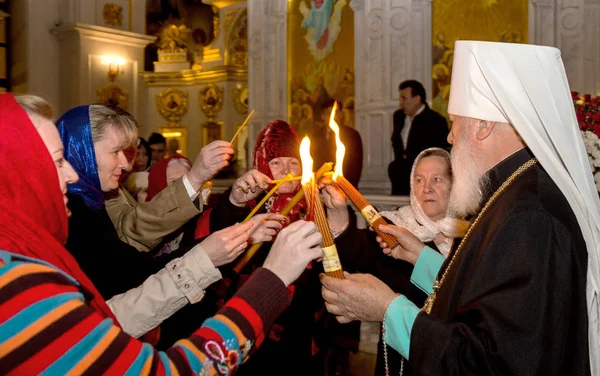 Odessa, Ukraine - April 11, 2015: Easter, parishioners of the Orthodox Church. Holy Fire from Jerusalem at the feast of the Resurrection of Christ. Orthodox Christian Easter