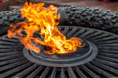 Odessa, Ukrayna - 12 Nisan 2014: Eternal flame Sovyet askerleri onuruna Büyük Vatanseverlik Savaşı sırasında öldürdü. Anavatan savunucuları anıt. Zafer sembolü. Mezarların üzerinde çiçekler.
