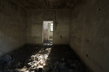 Terk edilmiş bir harabe binada bir antik 18. yy binası mistik iç, kalıntıları. Eski duvarlar, çöp ve çamur ile koridor mahvetti. Kalıp, alçı dekorasyon, kısma yok