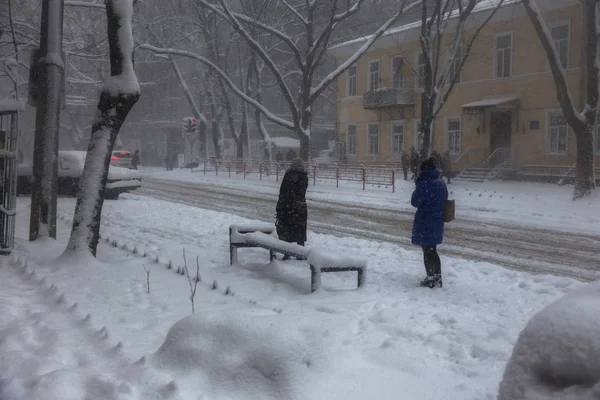 Odessa Ukraine January 2018 Strong Snowfall Cyclone City Streets Winter — Stock Photo, Image