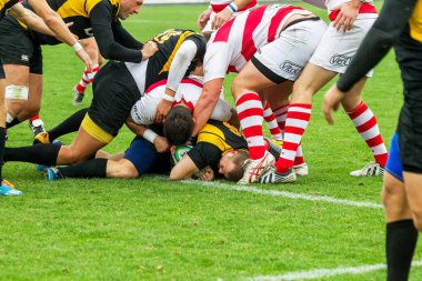 Odessa, Ukrayna - Okt 20, 2017: Odessa - Harkov Rugby Şampiyonası Milli takım. Rugby topu için oyuncuların yoğun mücadele. Yeşil alan stadyum üzerinde dinamik oyun
