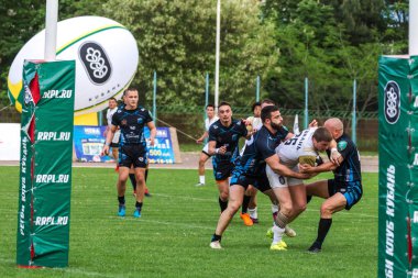 Krasnodar, Rusya Federasyonu - 11,2018 olabilir: Rus Rugby Şampiyonası Erkekler arasında: Kuban (Krasnodar) - beyaz ve Yenisey-Stm - (Krasnoyarsk). Yorucu spor oyunu dramatik oyun anları