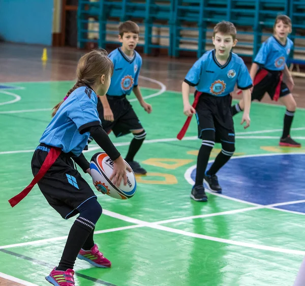 Odessa Ucrania Febrero 2018 Los Niños Pequeños Juegan Rugby Durante —  Fotos de Stock