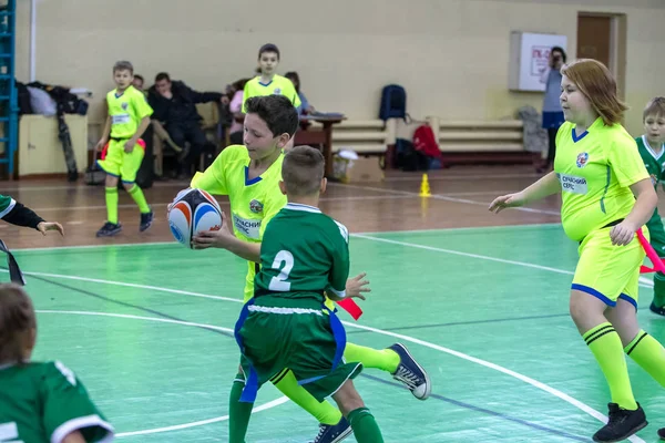 Odessa Ucrania Febrero 2018 Los Niños Pequeños Juegan Rugby Durante —  Fotos de Stock