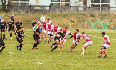 Odessa, Ukrayna -6 Kasım 2015: Ukrayna Kupası rugby Credo - Odessa ve Olimpiyat - Kharkov. Erkekler maç sırasında gergin anı scrum