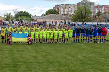 Odessa, Ukrayna - 15 Mayıs 2016: Yarı final UEFA Kupa Rugby. Ukrayna ekibi ile Moldova arasındaki gergin oyun. Avrupa Kupası Rws IRB gümüş madalya için savaş