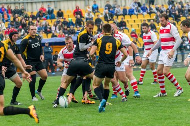 Odessa, Ukrayna - Okt 20, 2017: Odessa - Harkov Rugby Şampiyonası Milli takım. Rugby topu için oyuncuların yoğun mücadele. Yeşil alan stadyum üzerinde dinamik oyun