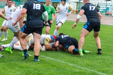 Krasnodar, Rusya Federasyonu - 11,2018 olabilir: Rus Rugby Şampiyonası Erkekler arasında: Kuban (Krasnodar) - beyaz ve Yenisey-Stm - (Krasnoyarsk). Yorucu spor oyunu dramatik oyun anları