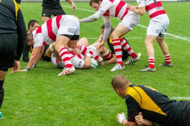 Odessa, Ukrayna - Okt 20, 2017: Odessa - Harkov Rugby Şampiyonası Milli takım. Rugby topu için oyuncuların yoğun mücadele. Yeşil alan stadyum üzerinde dinamik oyun