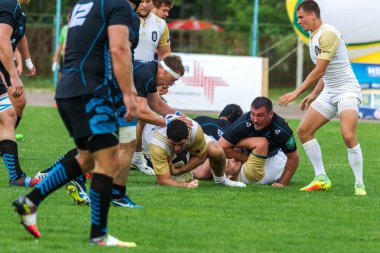 Krasnodar, Rusya Federasyonu - 11,2018 olabilir: Rus Rugby Şampiyonası Erkekler arasında: Kuban (Krasnodar) - beyaz ve Yenisey-Stm - (Krasnoyarsk). Yorucu spor oyunu dramatik oyun anları