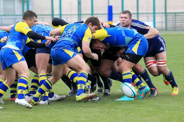 Odessa, Ukrayna -7 Nisan 2013: Uluslararası Avrupa Kupası rugby. Moldova ve Ukrayna ekibi. Oyuncular dürtükleme ve şiddetle mücadele amaçlı bulundurma topu. Maç gergin Muharebesi