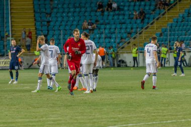 Odessa, Ukrayna - 3 Ağustos 2018: Djurgardens Eğer İsveç futbol kulübü Fc Mariupol Ukrayna ile oyun Uefa Avrupa Ligi sırasında. Futbol oyuncuları Djurgardens Eğer Stadı'nda oynamak