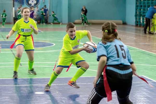 Odessa Ucrania Febrero 2018 Los Niños Pequeños Juegan Rugby Durante —  Fotos de Stock