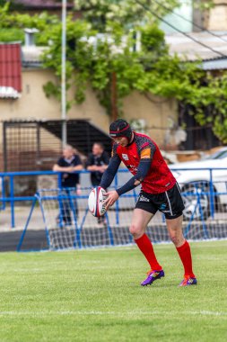 Odessa, Ukrayna - 15 Mayıs 2016: Yarı final UEFA Kupa Rugby. Ukrayna ekibi ile Moldova arasındaki gergin oyun. Avrupa Kupası Rws IRB gümüş madalya için savaş
