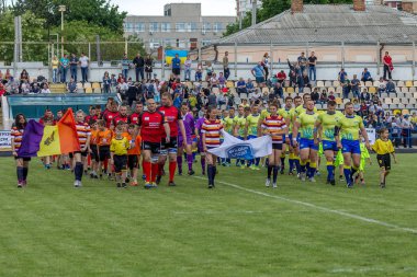 Odessa, Ukrayna - 15 Mayıs 2016: Yarı final UEFA Kupa Rugby. Ukrayna ekibi ile Moldova arasındaki gergin oyun. Avrupa Kupası Rws IRB gümüş madalya için savaş