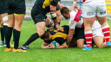 Odessa, Ukrayna - Okt 20, 2017: Odessa - Harkov Rugby Şampiyonası Milli takım. Rugby topu için oyuncuların yoğun mücadele. Yeşil alan stadyum üzerinde dinamik oyun