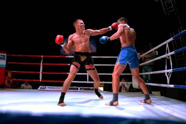 Odessa, Ukrayna - 18 Ağustos 2013: Atletizm Mma dövüş sanatları savaşçılar yumruk ve tekme neden hücre içinde rekabet karışık. Cumhurbaşkanlığı Kupası mücadele ultimate dramatik anı. Boksörler ringe mücadele