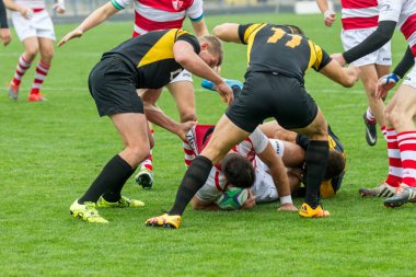 Odessa, Ukrayna - Okt 20, 2017: Odessa - Harkov Rugby Şampiyonası Milli takım. Rugby topu için oyuncuların yoğun mücadele. Yeşil alan stadyum üzerinde dinamik oyun