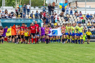 Odessa, Ukrayna - 15 Mayıs 2016: Yarı final UEFA Kupa Rugby. Ukrayna ekibi ile Moldova arasındaki gergin oyun. Avrupa Kupası Rws IRB gümüş madalya için savaş