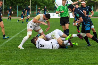 Krasnodar, Rusya Federasyonu - 11,2018 olabilir: Rus Rugby Şampiyonası Erkekler arasında: Kuban (Krasnodar) - beyaz ve Yenisey-Stm - (Krasnoyarsk). Yorucu spor oyunu dramatik oyun anları
