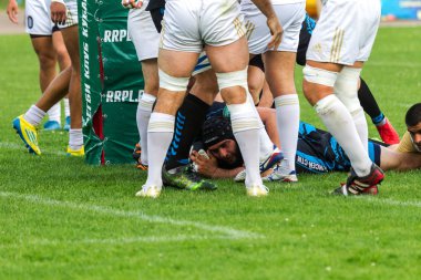 Krasnodar, Rusya Federasyonu - 11,2018 olabilir: Rus Rugby Şampiyonası Erkekler arasında: Kuban (Krasnodar) - beyaz ve Yenisey-Stm - (Krasnoyarsk). Yorucu spor oyunu dramatik oyun anları