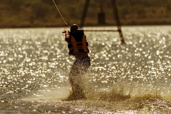 Wake Park Summer Beach Water Sports Athlete Glides Board Water — Stock Photo, Image