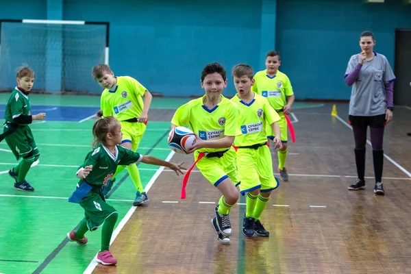 Odessa Ucrania Febrero 2018 Los Niños Pequeños Juegan Rugby Durante —  Fotos de Stock