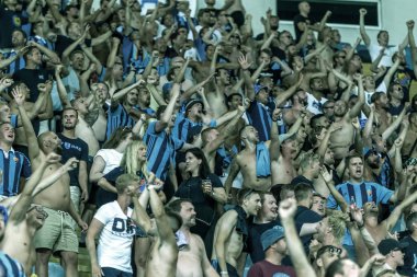 Odessa, Ukrayna - 3 Ağustos 2018: duygusal futbol taraftarları destek ekibi stadyumunda futbol kulübü Djurgardens Eğer İsveç oyun Uefa Avrupa Ligi oyun sırasında. Kalabalık futbol taraftarları Stadyumu futbol