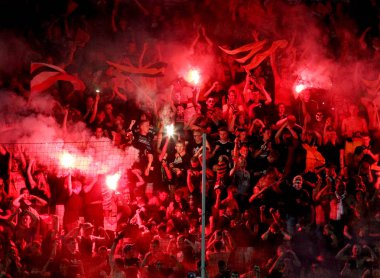 Odessa, Ukrayna - 10 Temmuz 2013: oyun alanı, 10 Temmuz 2013, Odessa, Ukrayna üzerinde oyun Shakhtar Donetsk ve Chernomorets sırasında duygusal futbolseverleri ultras ayaklandı