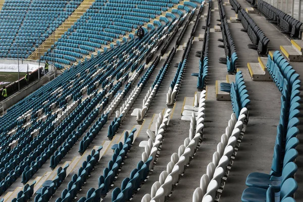 Tomma Gamla Plast Stolar Läktarna Stadion Många Tomma Platser För — Stockfoto