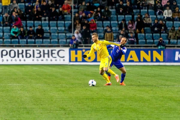 敖德萨 乌克兰 2016年3月 乌克兰国家足球队 和塞浦路斯国家队 之间的友好游戏 激烈足球比赛的时刻 — 图库照片