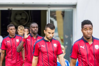 Odessa, Ukrayna - 9 Ağustos 2018: Avrupa Ligi Uefa Avrupa Ligi 2018 Fc Girondins de Bordeaux (Fransa) futbol maçı. Bordeaux - Fransa - ısınma, Fc Mariupol Ukrayna ile maçtan önce eğitim