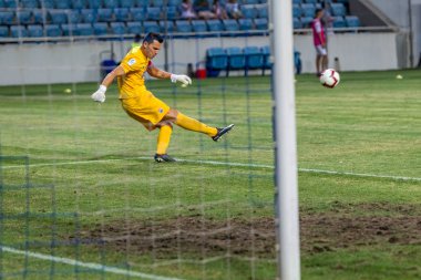 Odessa, Ukrayna - 3 Ağustos 2018: duygusal futbol taraftarları destek ekibi stadyumunda futbol kulübü Djurgardens Eğer İsveç oyun Uefa Avrupa Ligi oyun sırasında. Kalabalık futbol taraftarları Stadyumu futbol
