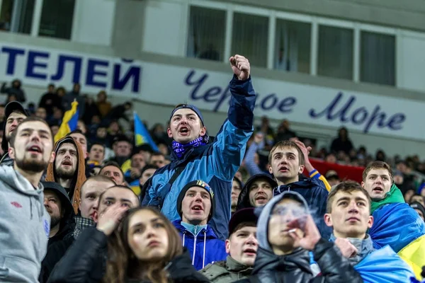 Odessa Ukraine March 2016 Football Fans Spectators Stands Stadium Emotionally — Stock Photo, Image