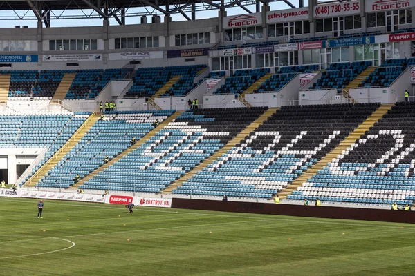 Oděsa Ukrajina 2018 Prázdné Staré Plastové Židle Ochozu Stadionu Mnoho — Stock fotografie