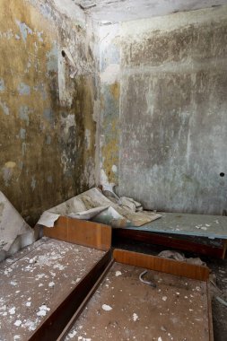 Terk edilmiş evde, harap evin bardel ile döşenmiş olan, ürkütücü iç; Otel; Toplantı nerede? Eski çöken ev; Terk edilmiş evde iç. Zavallı konut çeyrek harabe evde gecekondu