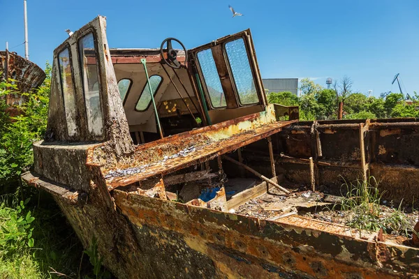 Eski terk edilmiş kırık tekne kıyıda ölür. Küçük bir gemi parçası. Paslı donanımları, midye teknenin altındaki bir koloni. Eski hasarlı tekne
