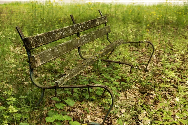 Eski bir bir terk edilmiş şehir Park ahşap Bank mahvetti. Bir boş eski ahşap Bank Bahçe veya park, açık havada gölgeli bölgesinde. Terk edilme ve ıssızlık Şehir Parkı içinde antika arka plan