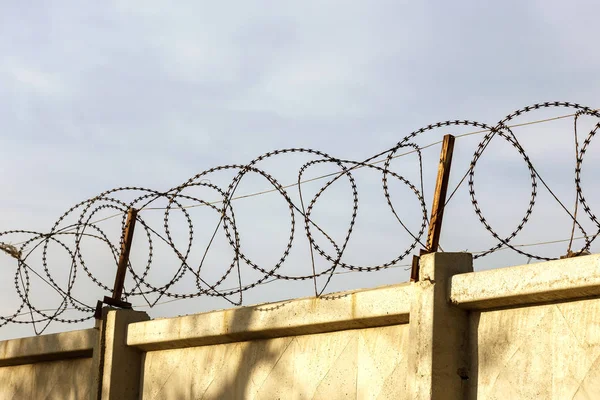 Barbed wire on fence of a private area. Protective fencing of specially protected object of barbed wire. Stamped barbed wire. A sign of private property, metal barbed wire hanging on concrete fence