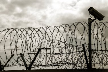 Dikenli tel alanında çok güvenlik kısıtlamaları ile yer dışarı değil için betimlemek için karışıklık. Siluet dikenli tel arka ışık karanlık bir çit üzerinde.