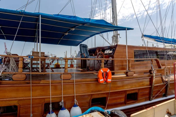 Wooden Yacht Enters Sea Port Shot Odessa Ukraine — Stock Photo, Image