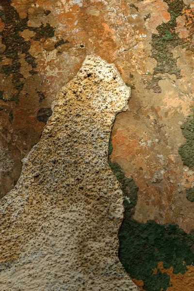 レンガの漆喰壁の古いアート テクスチャです 花弁の質感と石レンガの壁の漆喰を塗装の亀裂に悪い傷面が描かれています 破損した石膏の背景を持つ建物のラビング ファサード — ストック写真