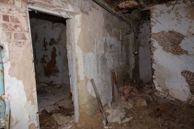 Radyoaktif ölü bölge Chernobyl evde kalıntıları. Yok edilen terk edilmiş evde büyür ve orman içinde ölür. Çernobil'de ev mistik kalıntıları. Orman, ağaçlar absorbe, evleri yok. Seçici odak