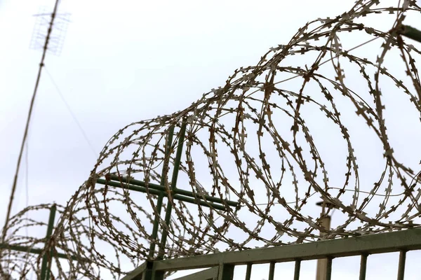 Barbed wire, barbed metal barbed wire on the fence of a private protected area. Barbed wire Ego. Outside protection of the perimeter of the territory by a barbed metal wire