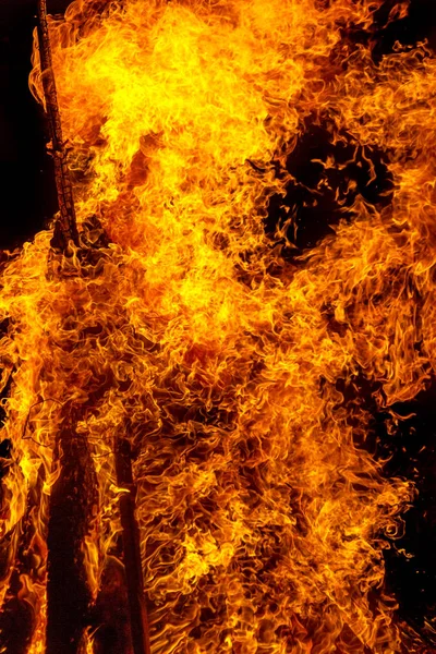 非常に熱いキャンプファイヤー コムズ炎テクスチャと背景として燃える森林火災の木の強い枝 — ストック写真