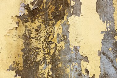 Alçı tuğla duvarın boş eski sanat dokusu. Yaprak dokusuyla boyanmış taş tuğla duvarın çatlaklarıyla kötü çizilmiş yüzey. Hasarlı alçıyla binanın ön cephesini ovaladım.