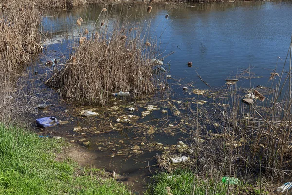 Sporchi Liquami Rifiuti Domestici Nel Piccolo Fiume Canale Irrigazione Provoca — Foto Stock